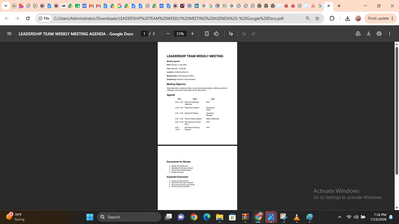 Leadership team weekly meeting agenda in Google Docs