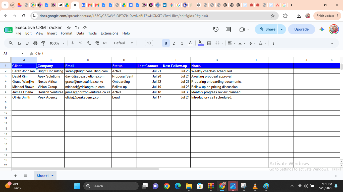 Executive CRM tracker in Google Sheets with status columns and follow-up dates