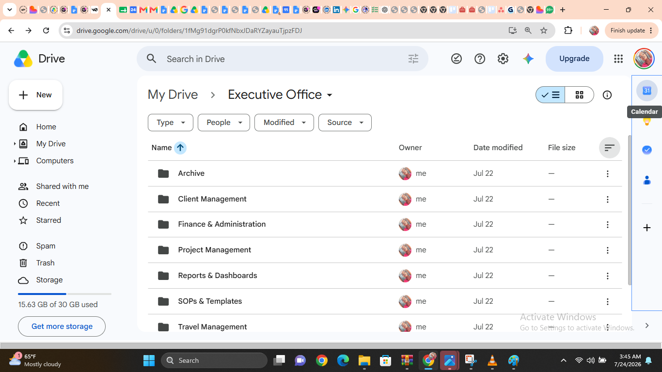 Google Drive Executive Office folder structure with clearly named folders