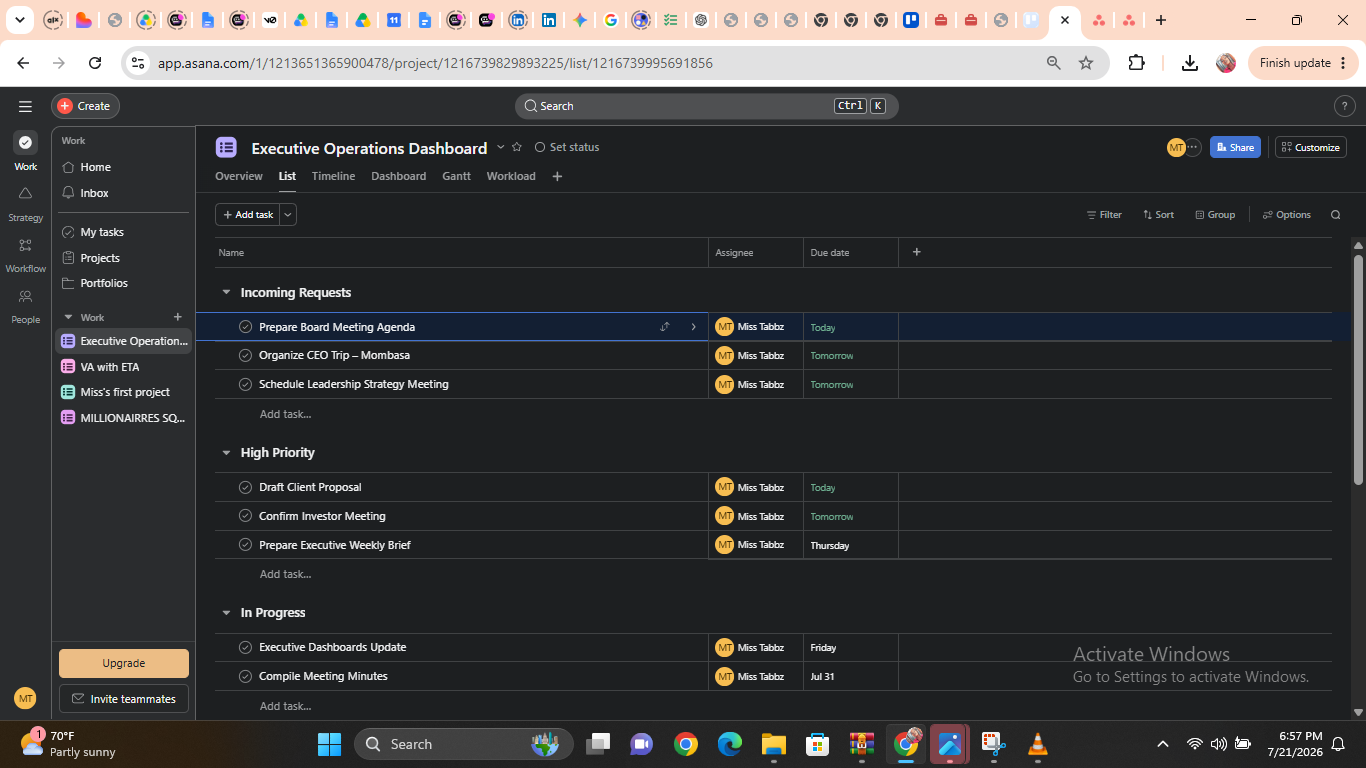 Executive Operations Dashboard in Asana