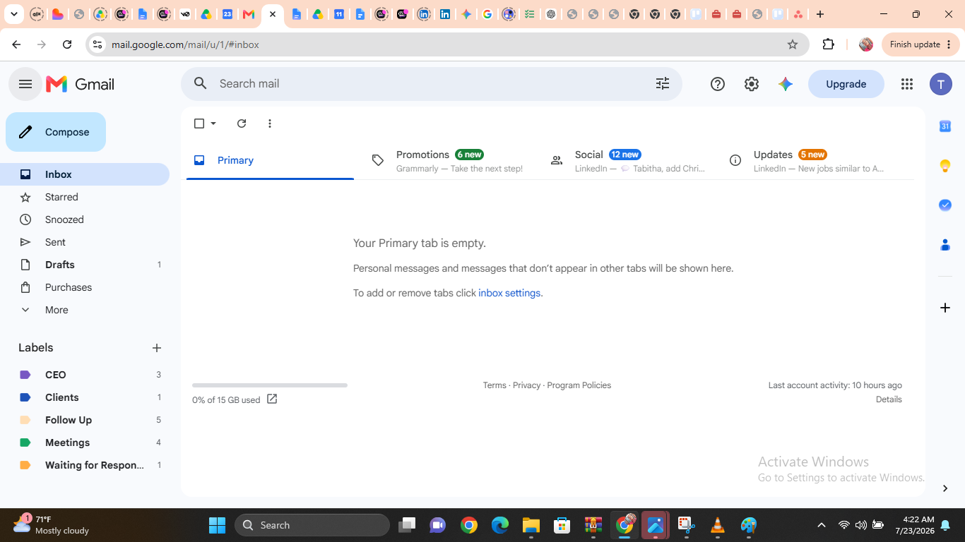 Gmail inbox at Inbox Zero with custom executive labels