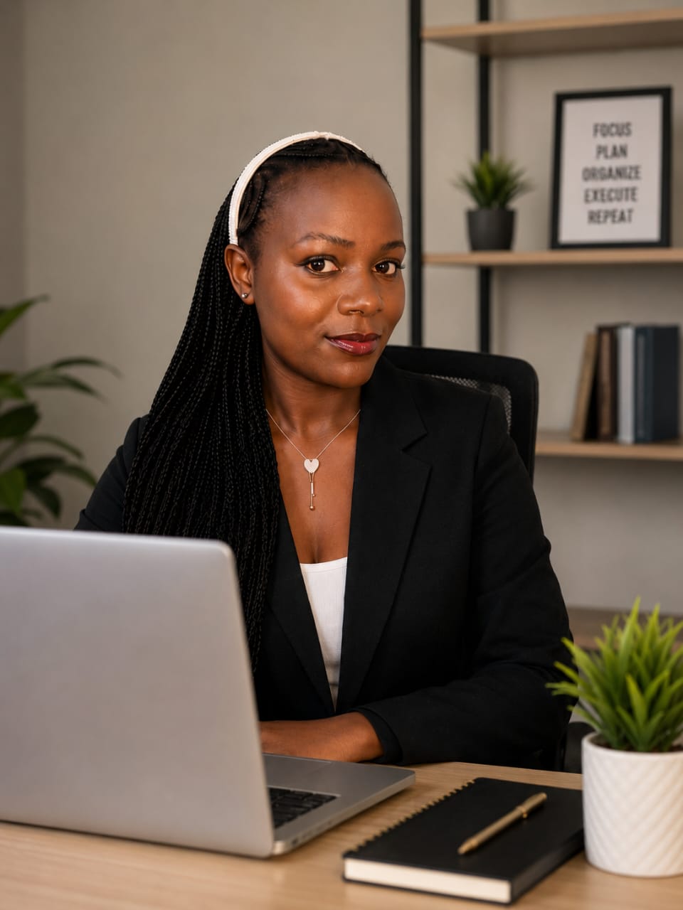 Tabitha Mwikali working at her desk with a laptop, notebook and coffee