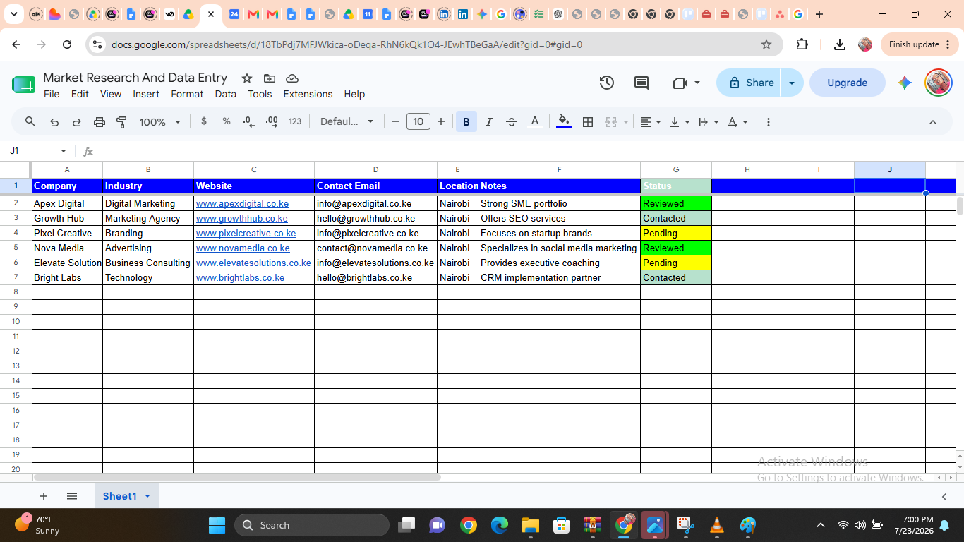 Market research spreadsheet with color-coded Reviewed, Contacted and Pending statuses