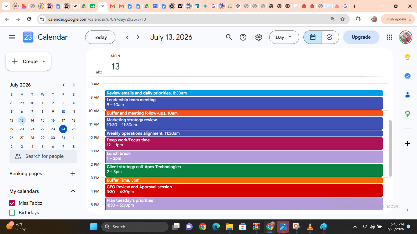 Color-coded executive calendar with focus blocks and buffer time