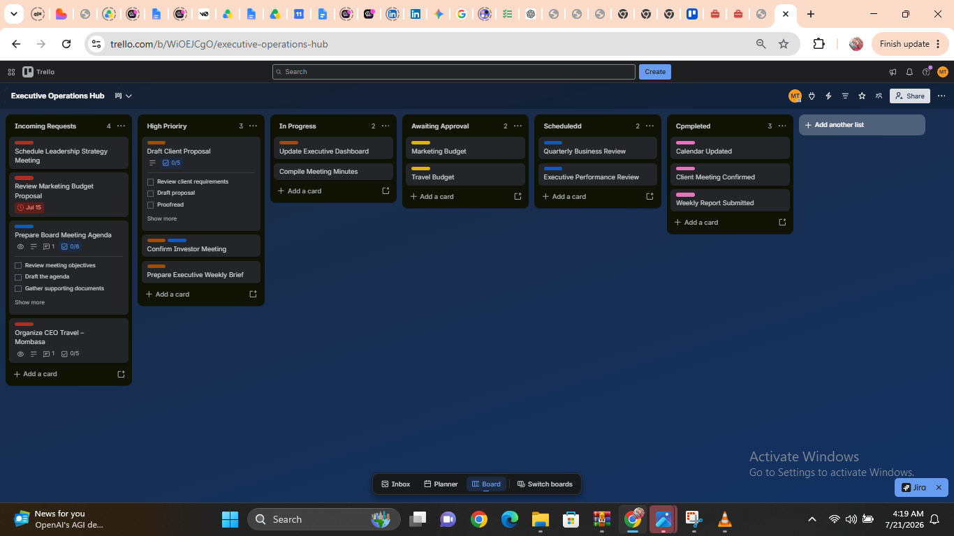 Executive Operations Hub board in Trello