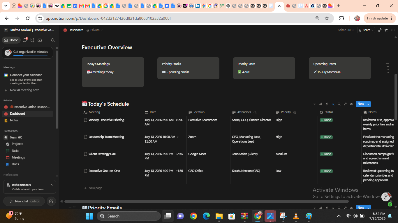 Notion executive workspace with today's schedule, priority emails and tasks